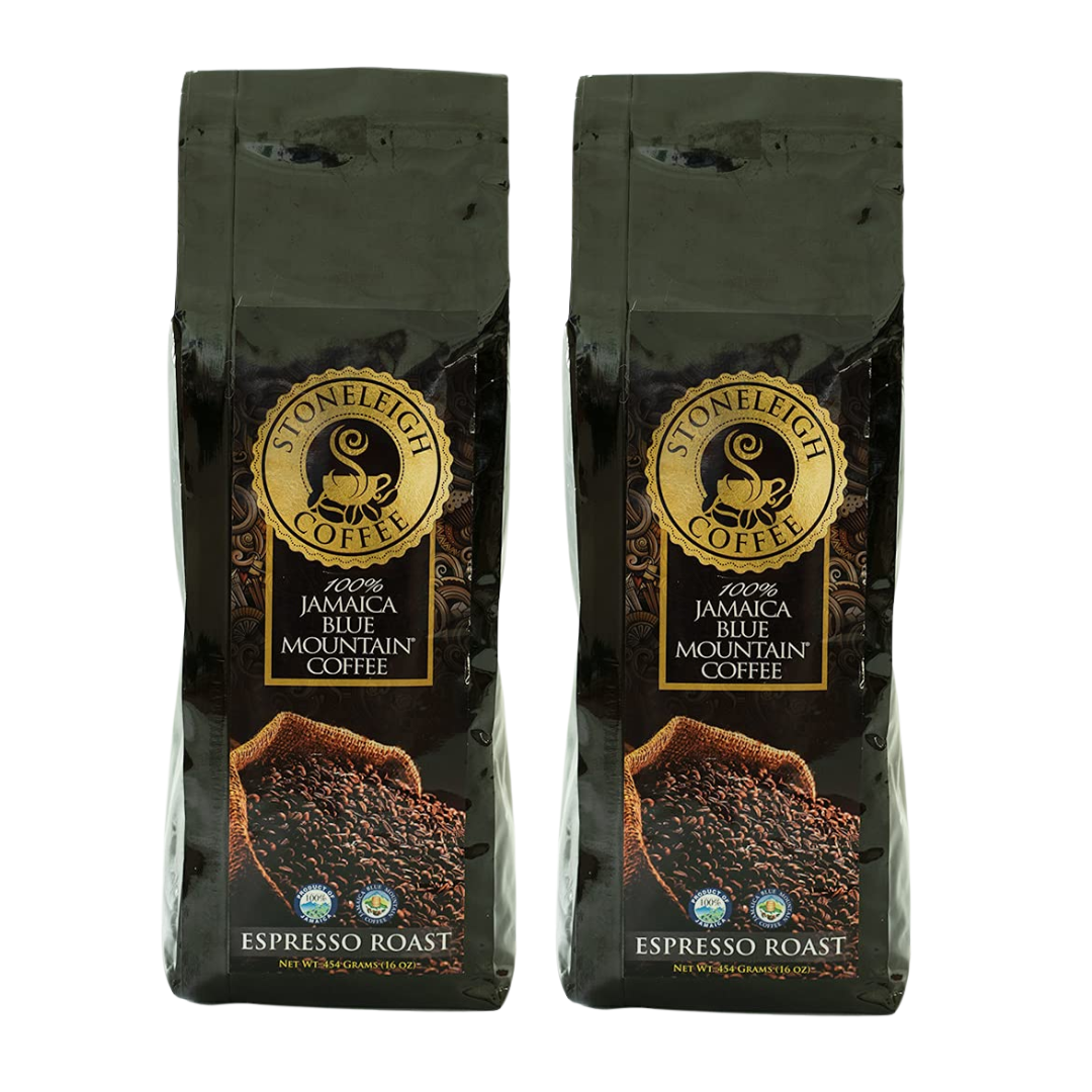 Stoneleigh 100% Jamaica Blue Mountain Coffee–Premium Espresso Roast, Whole Bean, 16oz Pack of 2