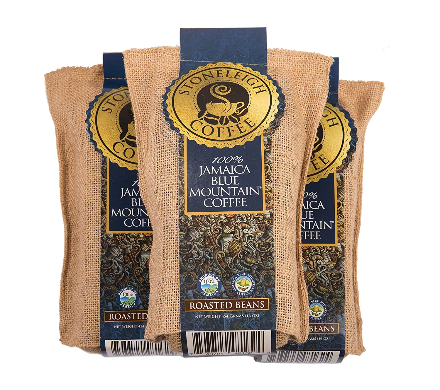 Stoneleigh Coffee Premium 100% Jamaican Blue Mountain Roasted Beans 16oz Pack of 3 (FREE SHIPPING FROM JAMAICA)