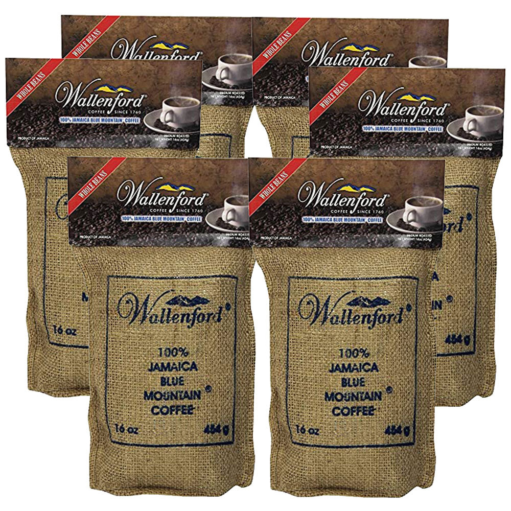 Wallenford Jamaica Blue Mountain Coffee, Whole Bean 16oz, Pack of 6