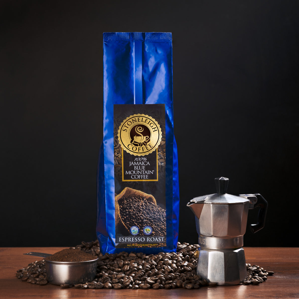 Stoneleigh 100% Jamaica Blue Mountain Coffee – Premium Espresso Roast, Whole Bean, 16oz