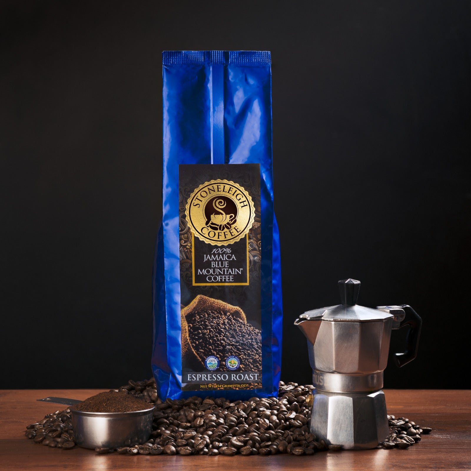 Stoneleigh 100% Jamaica Blue Mountain Coffee – Premium Espresso Roast, Whole Bean, 16oz
