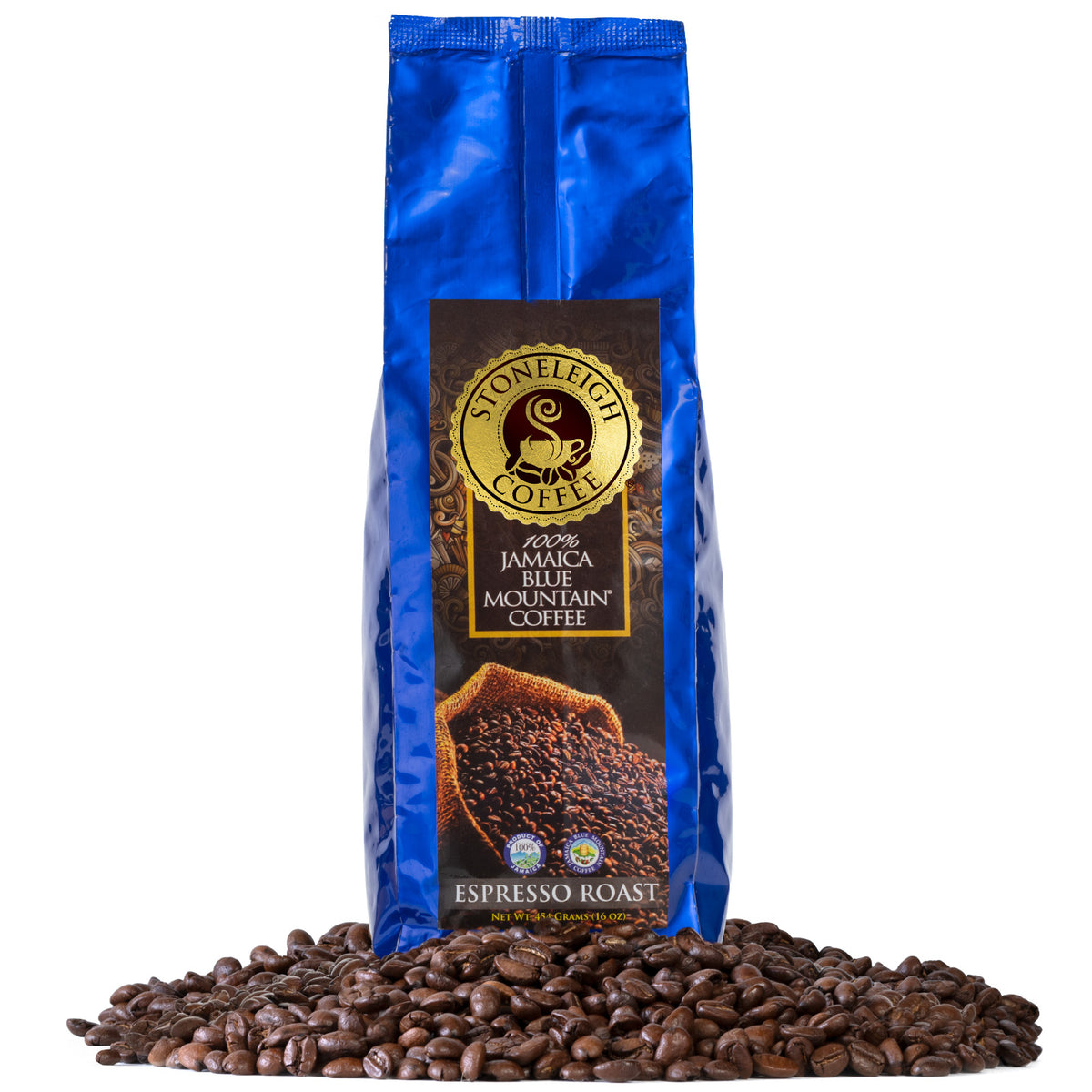 Stoneleigh 100% Jamaica Blue Mountain Coffee – Premium Espresso Roast, Whole Bean, 16oz