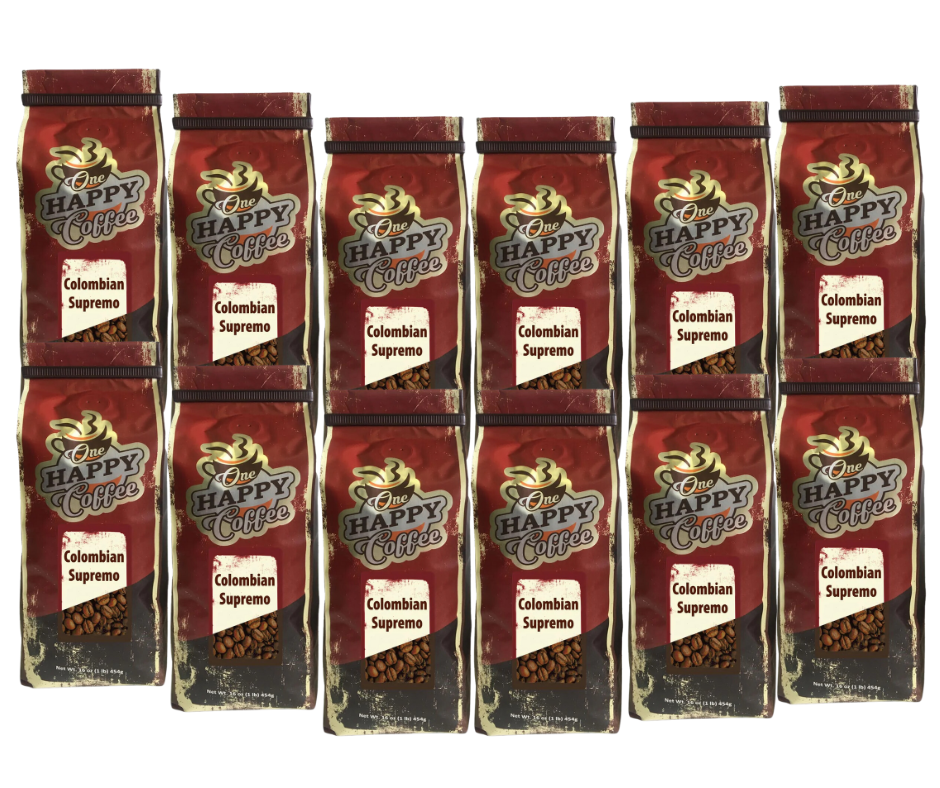 One Happy Coffee Colombian Supremo whole bean coffee, 12 x 16oz bags
