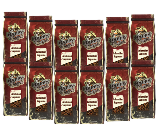 One Happy Coffee Colombian Supremo whole bean coffee, 12 x 16oz bags