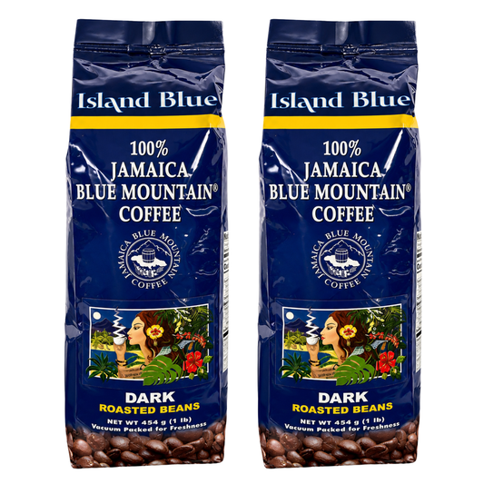 Island Blue 100% Jamaica Blue Mountain Coffee, Dark Roast Whole Bean 16oz, Pack of 2