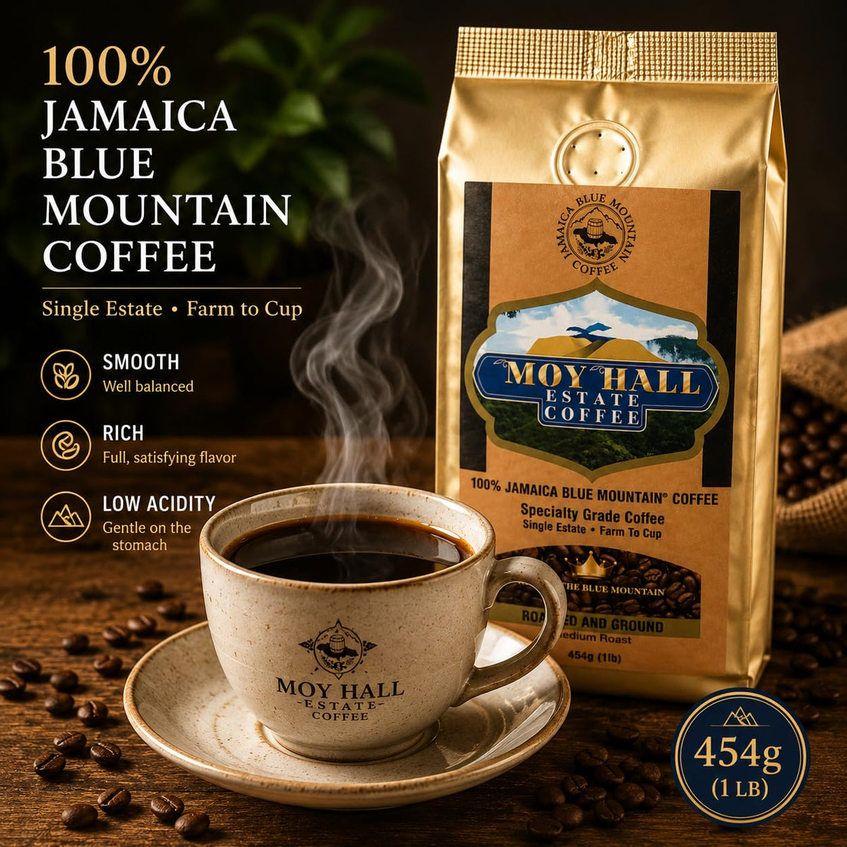 Moyhall Jamaica Blue Mountain Coffee Single Estate Special Reserve Grounds 16oz  | 🇯🇲 Free Delivery from Jamaica • 7–15 Days Delivery