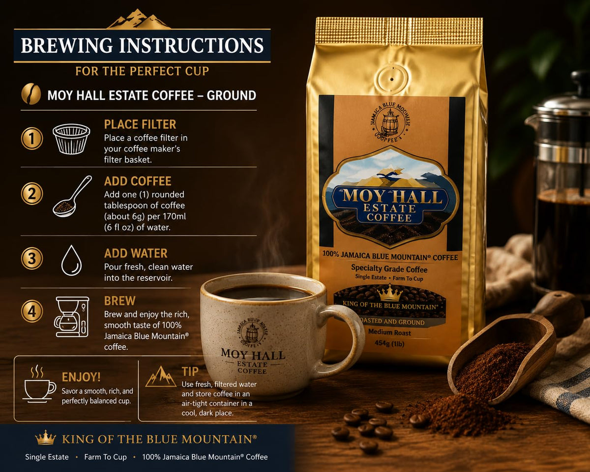 Moyhall Jamaica Blue Mountain Coffee Single Estate Special Reserve Grounds 16oz  | 🇯🇲 Free Delivery from Jamaica • 7–15 Days Delivery