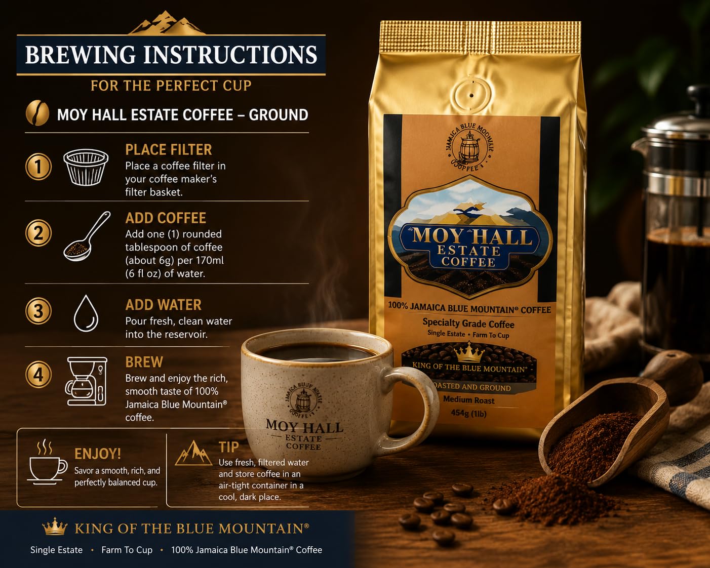 Moyhall Jamaica Blue Mountain Coffee Single Estate Special Reserve Grounds 16oz  | 🇯🇲 Free Delivery from Jamaica • 7–15 Days Delivery