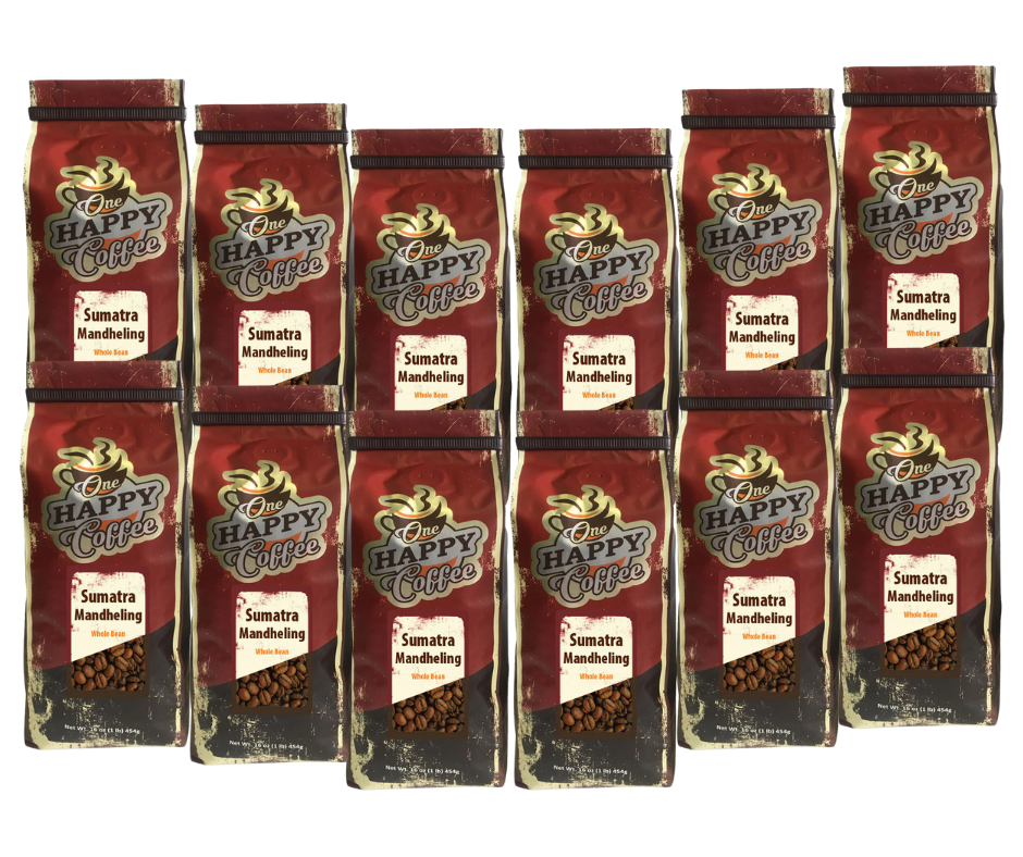 One Happy Coffee Sumatra Mandheling Whole Bean Coffee 16oz, Pack of 12