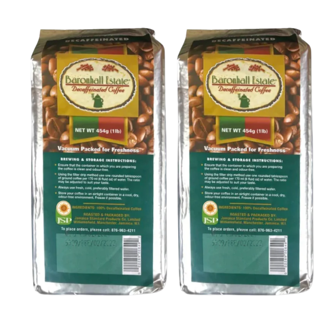 Baronhall Estate Jamaican Gourmet Decaf Ground Coffee 16oz Pack of 2