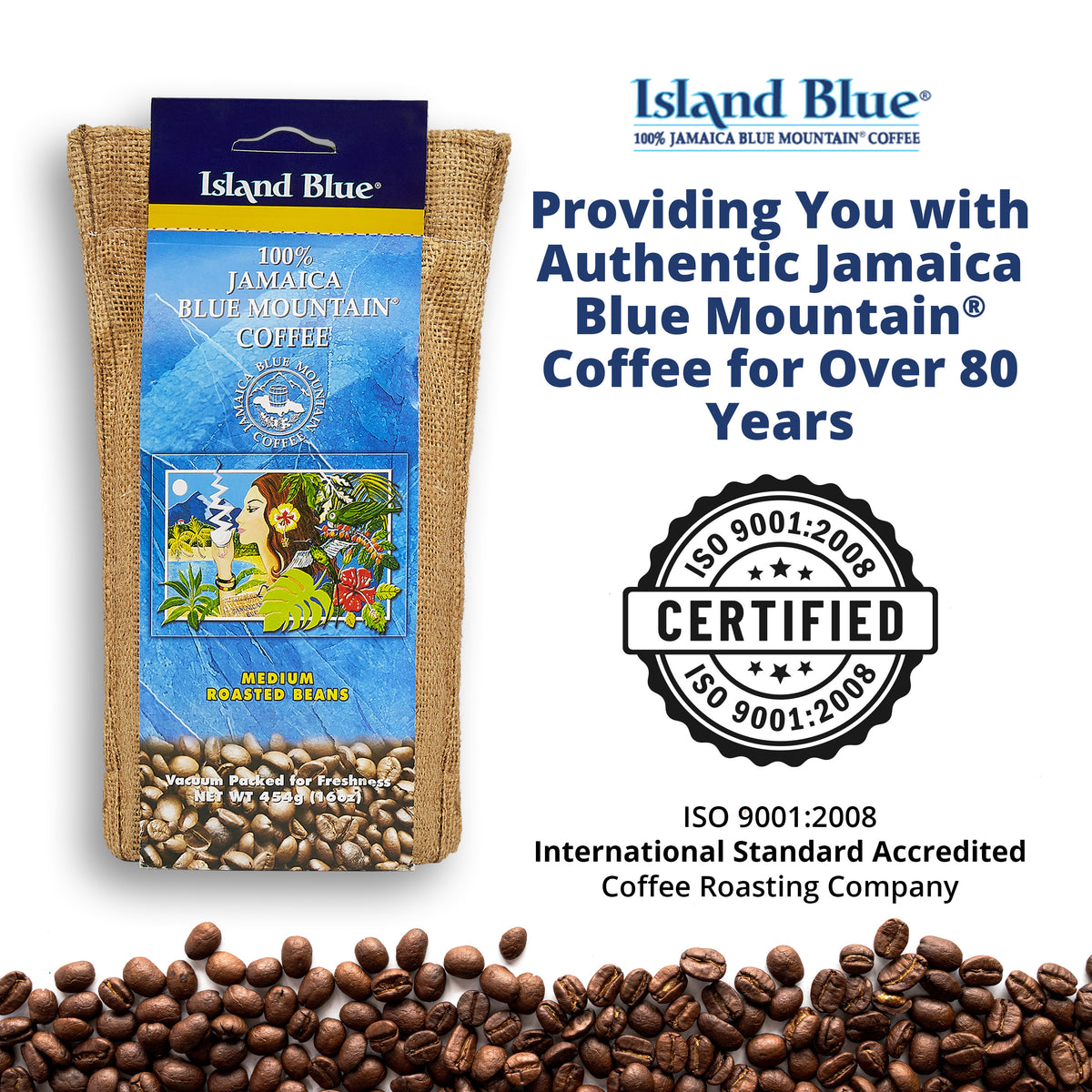 Island Blue Jamaica Blue Mountain Coffee, Medium Roast Whole Bean 16oz, Pack of 2, photo 2