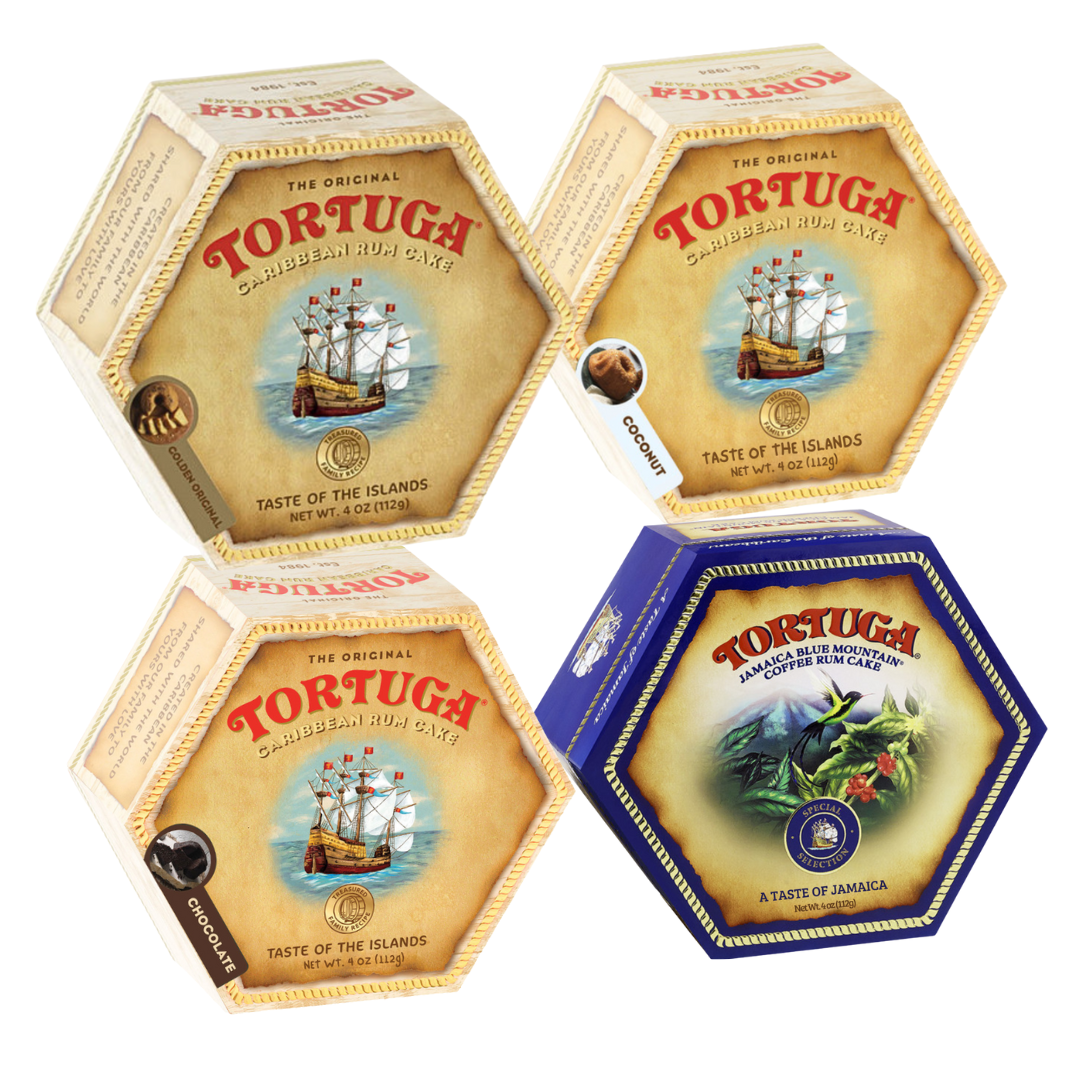 Tortuga Caribbean Rum Cake Assortment 4oz Pack of 4 (Original, Chocolate, Coconut, Blue Mountain)