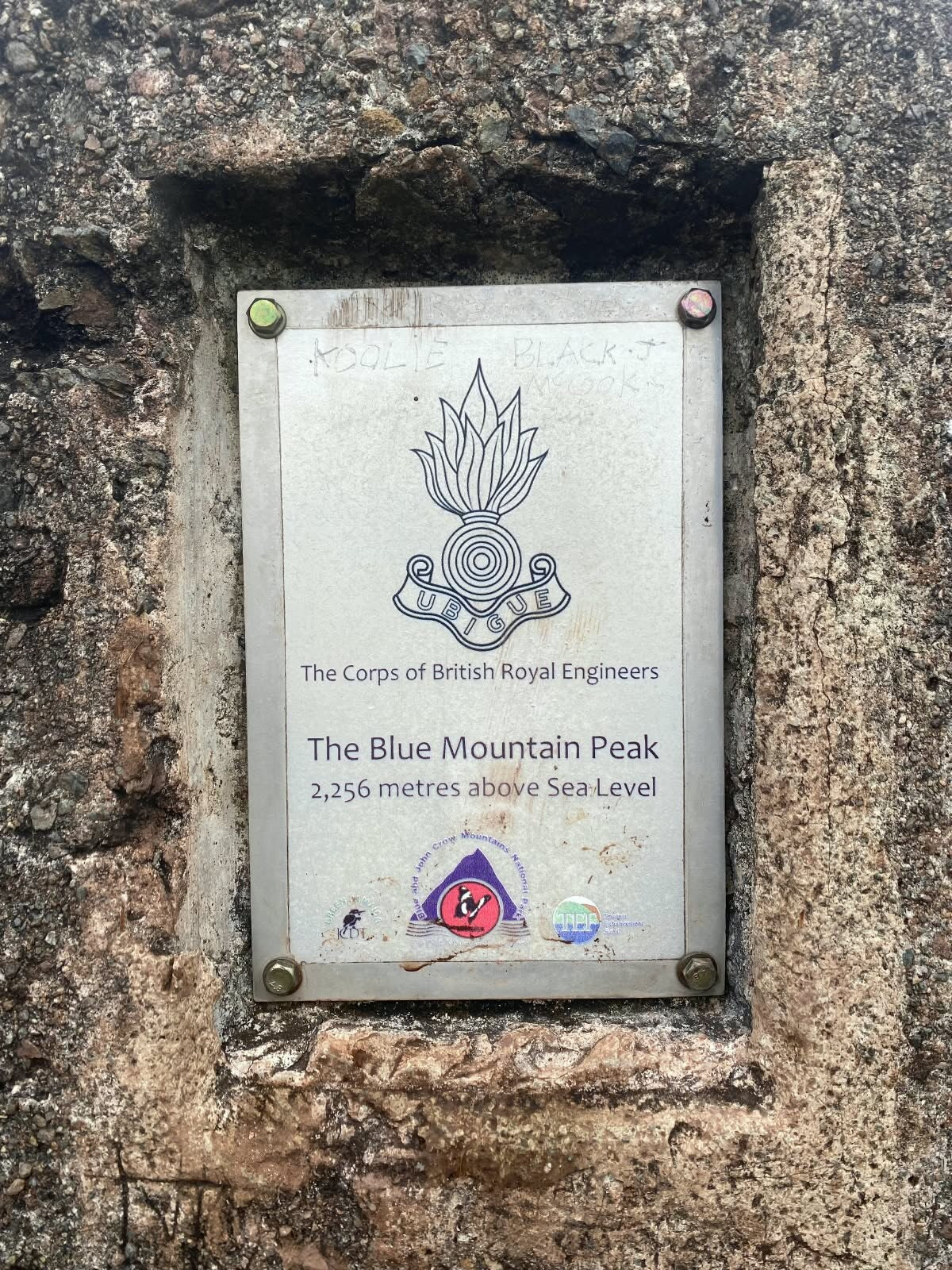 Royal Engineers plaque at Blue Mountain Peak: 2,256 metres above sea level