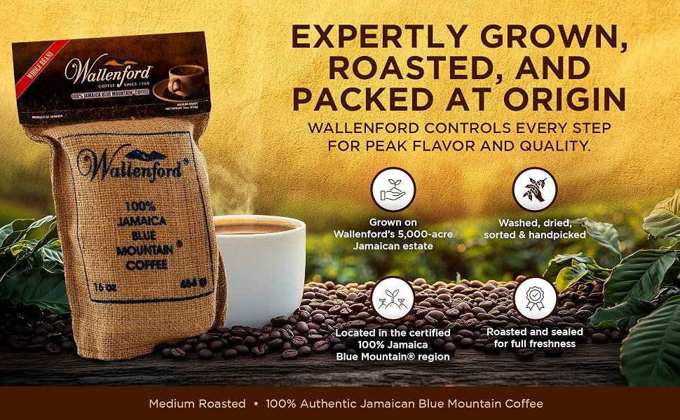 Wallenford 100% Jamaica Blue Mountain coffee 16 oz burlap bag beside a cup: grown, roasted and packed at origin on Wallenford's estate