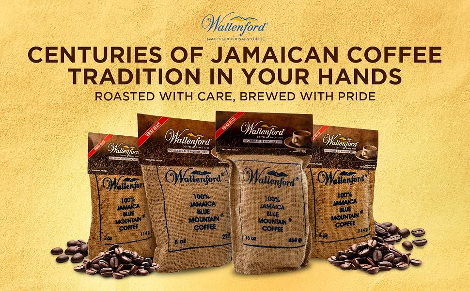 The Wallenford range of burlap bags, 4 oz, 8 oz and 16 oz, 100% Jamaica Blue Mountain coffee