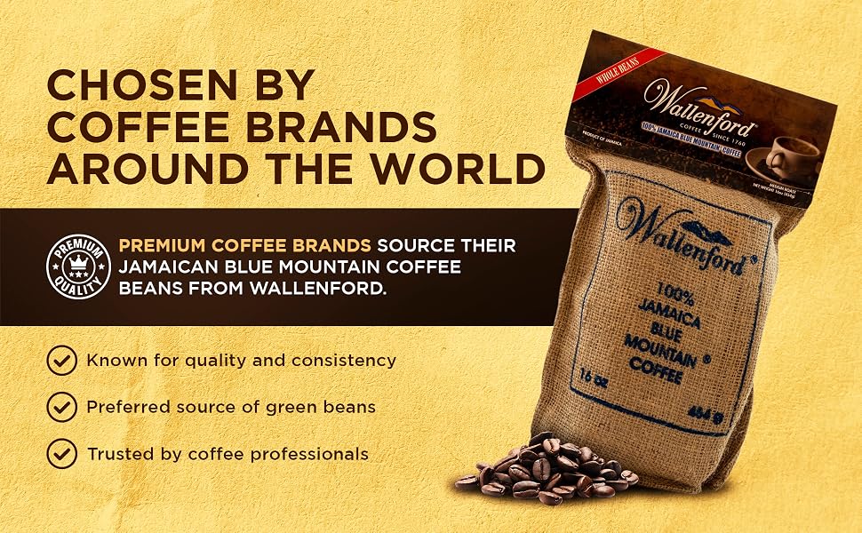 Wallenford 16 oz bag with roasted beans: premium coffee brands source their Blue Mountain coffee beans from Wallenford