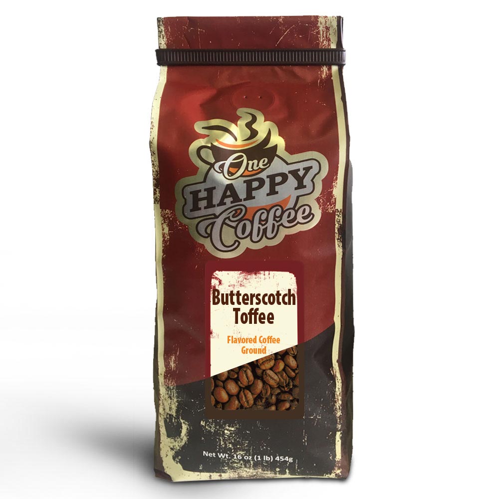 One Happy Flavored Coffee – Butterscotch Toffee Grounds 16oz