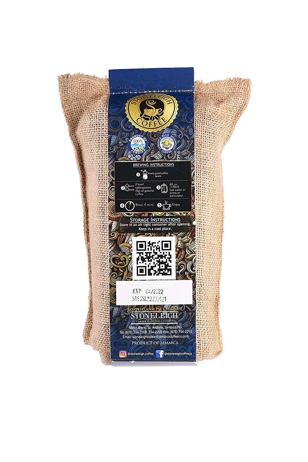 Stoneleigh Coffee – Five Pack (5) Premium 100% Grade A Jamaica Blue Mountain Coffee Roasted Beans - 16Ozs – Genuine Jamaican Product - Traditional Jamaican Crocus (Burlap) Bag Packed Ideal for Gifting