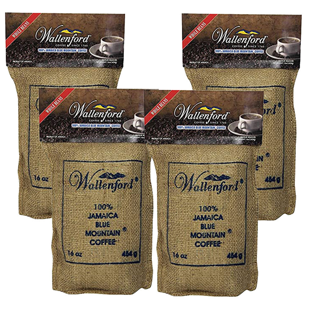 Wallenford 100% Jamaica Blue Mountain Coffee, Whole Bean 16oz, Pack of 4